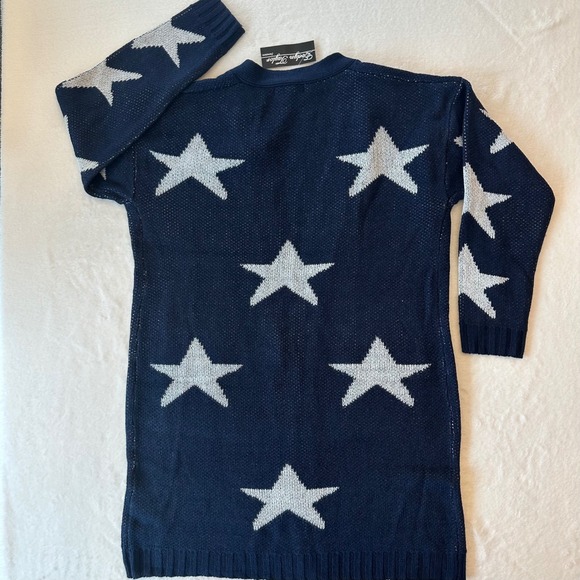 Evelyn Taylor Star Print Cardigan Sweater Knit Open Front Blue Large NWT - Picture 11 of 11